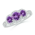 thumbnail image 1 of ANGARA Natural Floating Three Stone Amethyst Ring with Diamond Halo in 14K White Gold for Women (Size-5mm) | February Birthstone, Birthday, Anniversary, Jewelry Gift for Women | Natural Amethyst Ring, 1 of 9