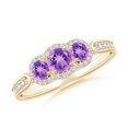 thumbnail image 1 of ANGARA Natural Floating Three Stone Amethyst Ring with Diamond Halo in 14K Yellow Gold for Women (Size-4mm) | February Birthstone, Anniversary, Jewelry Gift for Women | Natural Amethyst Ring, 1 of 9