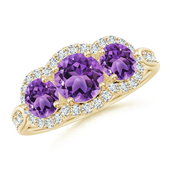 ANGARA Natural Floating Three Stone Amethyst Ring with Diamond Halo in 14K Yellow Gold for Women (Size-6mm) | February Birthstone, Anniversary, Jewelry Gift for Women | Natural Amethyst Ring
