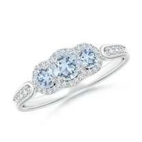 ANGARA Natural Floating Three Stone Aquamarine Ring with Diamond Halo in 14K White Gold for Women (Size-4mm) | March Birthstone, Anniversary, Jewelry Gift for Women | Natural Aquamarine Ring