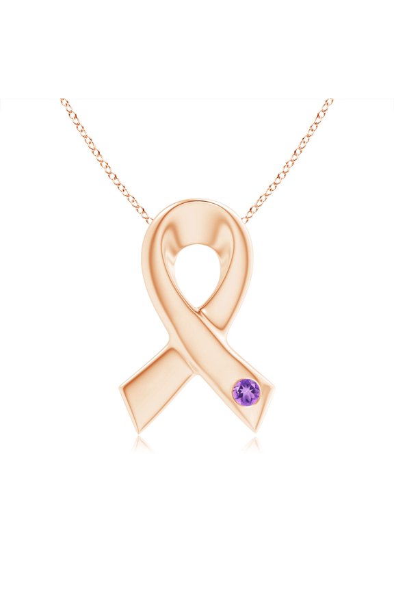 Natural Gypsy-Set Round Amethyst Ribbon Pendant in 14K Rose Gold for Women (Size-2.5mm) | February Birthstone, Birthday, Anniversary, Jewelry Gift for Women | Natural Amethyst Necklace