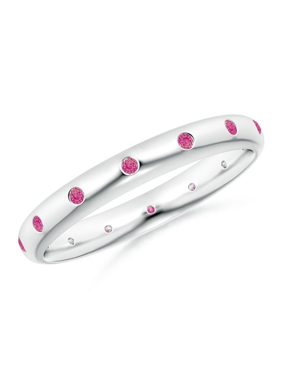 Natural Gypsy-Set Round Pink Sapphire Eternity Ring in 14K White Gold for Women (Size-1.3mm) | September Birthstone, Birthday, Anniversary, Jewelry Gift for Women | Natural Pink Sapphire Ring
