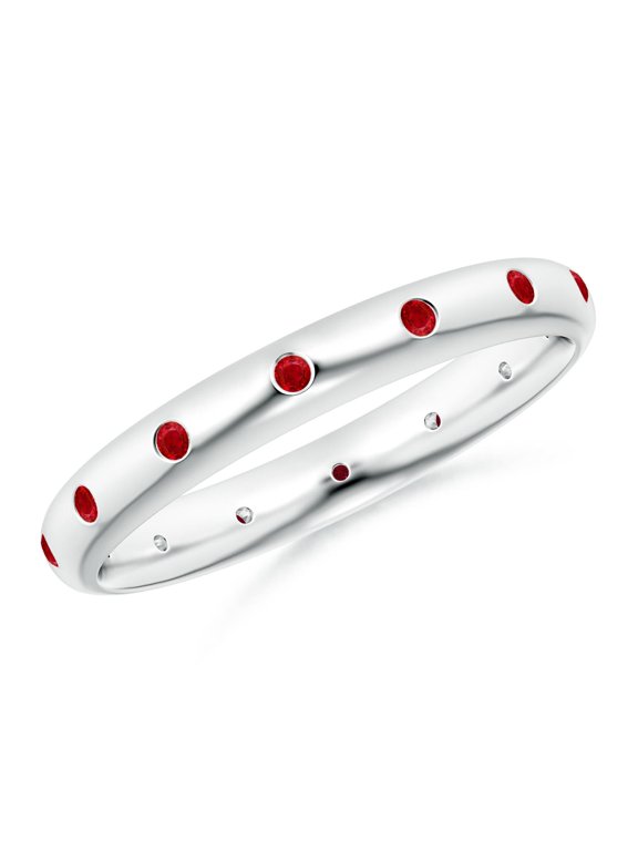Natural Gypsy-Set Round Ruby Eternity Ring in 14K White Gold for Women (Size-1.3mm) | July Birthstone, Birthday, Anniversary, Jewelry Gift for Women | Natural Ruby Ring