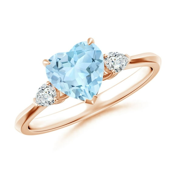 ANGARA Natural Heart-Shaped Aquamarine and Diamond Three Stone Engagement Ring in 14K Rose Gold for Women (Size-7mm) | March Birthstone, Anniversary, Jewelry Gift for Women | Natural Aquamarine Ring