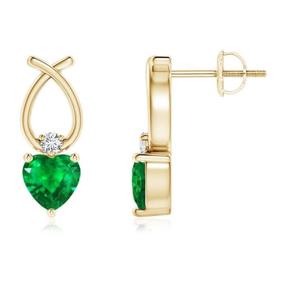 ANGARA Natural Heart Shaped Emerald Ribbon Earrings with Diamond in 14K Yellow Gold for Women (Size-5mm) | May Birthstone, Birthday, Anniversary, Jewelry Gift for Women | Natural Emerald Earrings