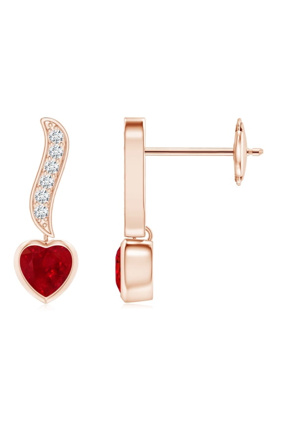 Natural Heart-Shaped Ruby and Diamond Swirl Drop Earrings in 14K Rose Gold for Women (Size-4mm) | July Birthstone, Birthday, Anniversary, Jewelry Gift for Women | Natural Ruby Earrings