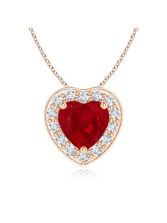 Natural Heart-Shaped Ruby Pendant with Diamond Halo in 14K Rose Gold for Women (Size-6mm) | July Birthstone, Birthday, Anniversary, Jewelry Gift for Women | Natural Ruby Necklace