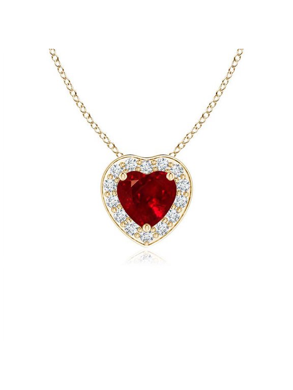 Natural Heart-Shaped Ruby Pendant with Diamond Halo in 14K Yellow Gold for Women (Size-4mm) | July Birthstone, Birthday, Anniversary, Jewelry Gift for Women | Natural Ruby Necklace