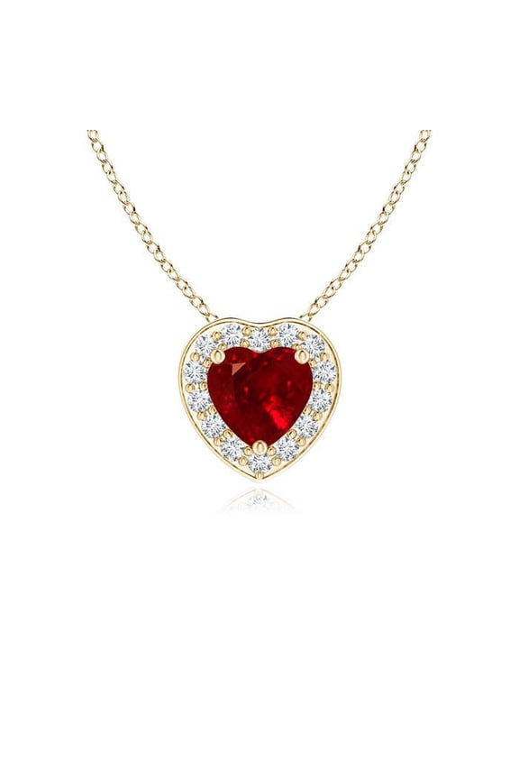 Natural Heart-Shaped Ruby Pendant with Diamond Halo in 14K Yellow Gold for Women (Size-4mm) | July Birthstone, Birthday, Anniversary, Jewelry Gift for Women | Natural Ruby Necklace