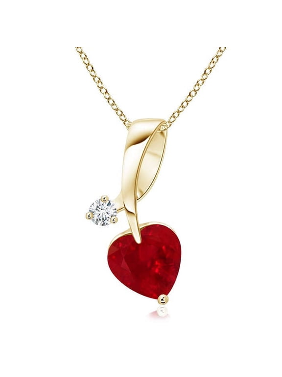 Natural Heart-Shaped Ruby Ribbon Pendant with Diamond in 14K Yellow Gold for Women (Size-6mm) | July Birthstone, Birthday, Anniversary, Jewelry Gift for Women | Natural Ruby Necklace