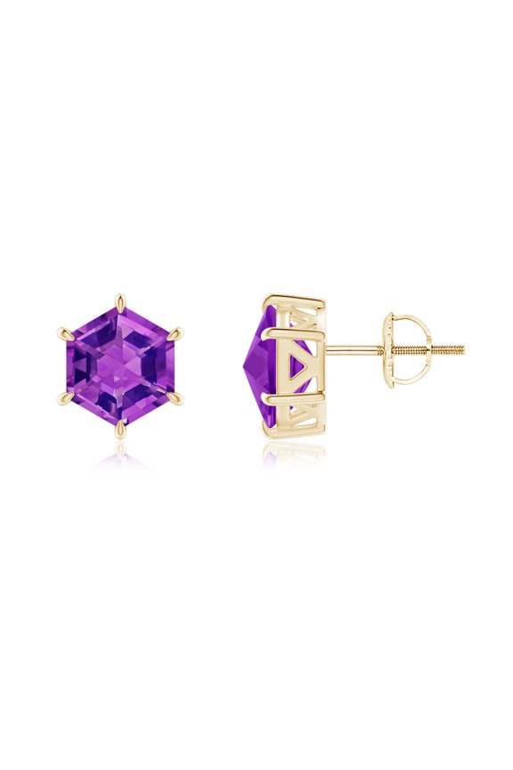 Natural Hexagonal Step-Cut 3 ct Amethyst Solitaire Studs in 14K Yellow Gold for Women (Size-7mm) | February Birthstone, Anniversary, Jewelry Gift for Women | Natural Amethyst Earrings