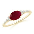 thumbnail image 1 of ANGARA Natural Horizontally Set Oval 1 ct Ruby Solitaire Ring with Trio Diamond Accents in 14K Yellow Gold for Women (Size-7x5mm) | July Birthstone Jewelry for Her | Natural Ruby Rings, 1 of 10