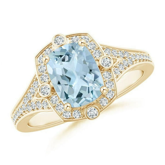 ANGARA Natural Inspired Cushion 1.2 ct Aquamarine Ring with Diamond Halo in 14K Yellow Gold for Women (Size-8x6mm) | March Birthstone, Anniversary, Jewelry Gift for Women | Natural Aquamarine Ring