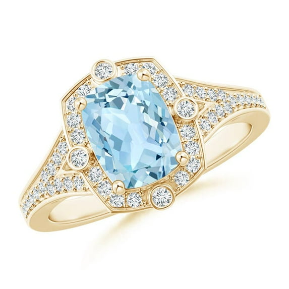 ANGARA Natural Inspired Cushion 1.2 ct Aquamarine Ring with Diamond Halo in 14K Yellow Gold for Women (Size-8x6mm) | March Birthstone, Anniversary, Jewelry Gift for Women | Natural Aquamarine Ring