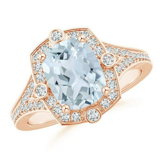 ANGARA Natural Inspired Cushion 1.85 ct Aquamarine Ring with Diamond Halo in 14K Rose Gold for Women (Size-9x7mm) | March Birthstone, Anniversary, Jewelry Gift for Women | Natural Aquamarine Ring