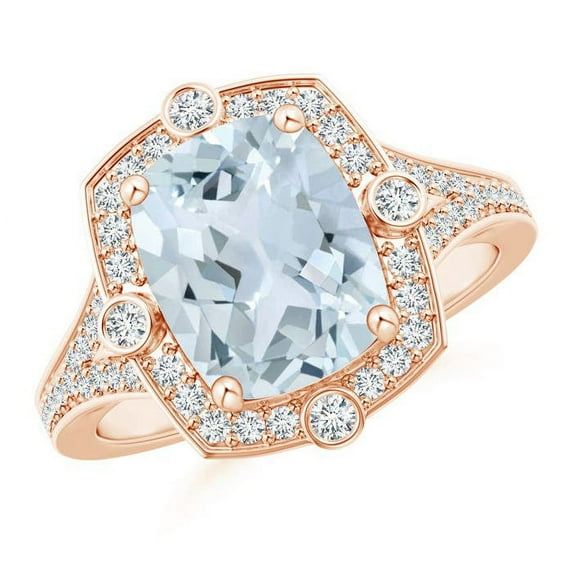 ANGARA Natural Inspired Cushion 2.45 ct Aquamarine Ring with Diamond Halo in 14K Rose Gold for Women (Size-10x8mm) | March Birthstone, Anniversary, Jewelry Gift for Women | Natural Aquamarine Ring