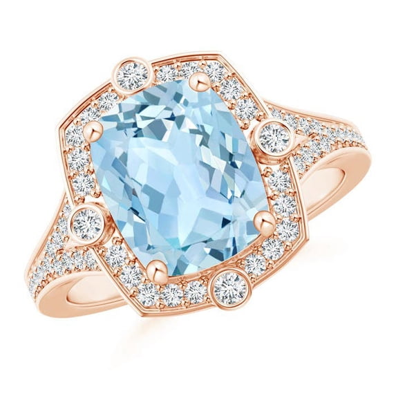 ANGARA Natural Inspired Cushion 2.45 ct Aquamarine Ring with Diamond Halo in 14K Rose Gold for Women (Size-10x8mm) | March Birthstone, Anniversary, Jewelry Gift for Women | Natural Aquamarine Ring