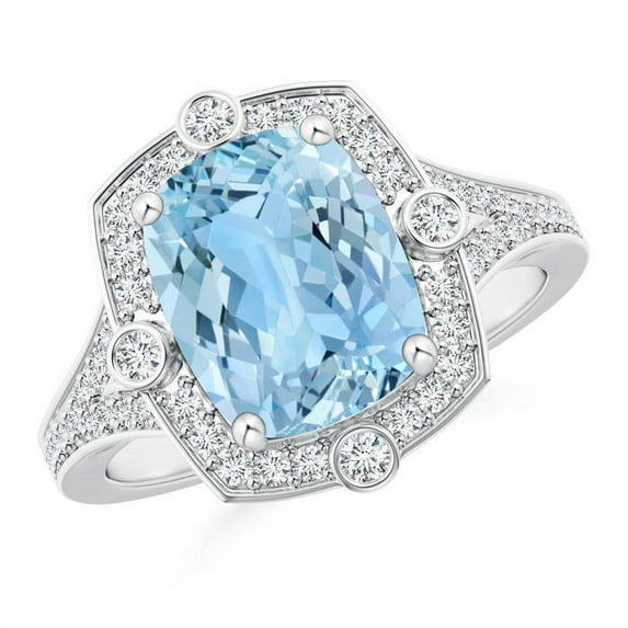 ANGARA Natural Inspired Cushion 2.45 ct Aquamarine Ring with Diamond Halo in 14K White Gold for Women (Size-10x8mm) | March Birthstone, Anniversary, Jewelry Gift for Women | Natural Aquamarine Ring