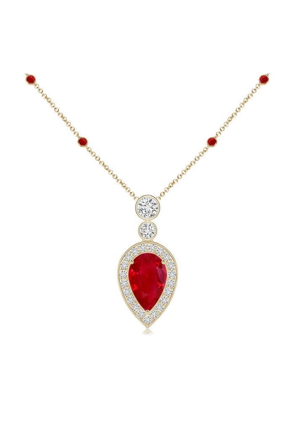 Natural Inverted Pear 1 ct Ruby Necklace with Diamonds in 14K Yellow Gold for Women (Size-8x5mm) | July Birthstone, Birthday, Anniversary, Jewelry Gift for Women | Natural Ruby Necklace