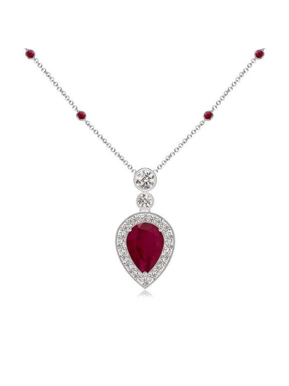Natural Inverted Pear Ruby Necklace with Diamonds in 14K White Gold for Women (Size-7x5mm) | July Birthstone, Birthday, Anniversary, Jewelry Gift for Women | Natural Ruby Necklace