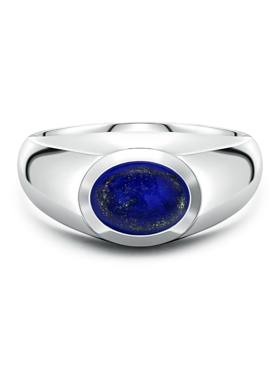 Natural Lapis Lazuli Ring for Men - Oval Shape Lapis Lazuli Men's Signet Ring in Sterling Silver | Ring Size - 4