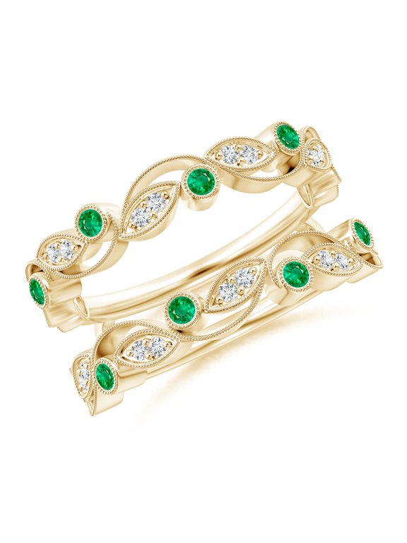 Natural Leaf Motif Emerald and Diamond Ring Wrap in 14K Yellow Gold for Women (Size-1.5mm) | May Birthstone, Birthday, Anniversary, Jewelry Gift for Women | Natural Emerald Ring