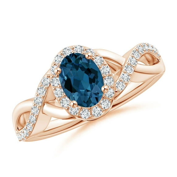 ANGARA Natural London Blue Topaz Crossover Ring with Diamond Halo in 14K Rose Gold for Women (Size-7x5mm) | November Birthstone, Anniversary, Jewelry Gift for Women | Natural London Blue Topaz Ring