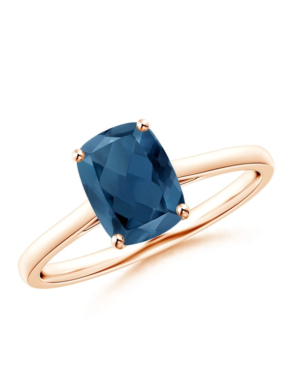 Natural London Blue Topaz Solitaire Ring for Women - Cushion Shaped London Blue Topaz Ring in 14K Rose Gold | Ring Size - 7