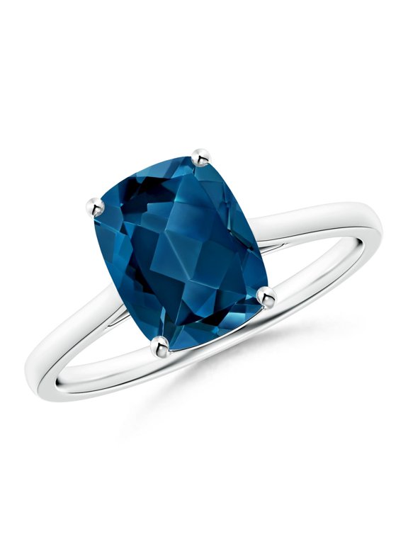Natural London Blue Topaz Solitaire Ring for Women - Cushion Shaped London Blue Topaz Ring in 14K White Gold | Ring Size - 4