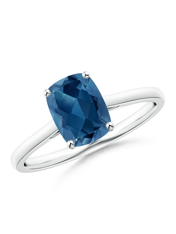 Natural London Blue Topaz Solitaire Ring for Women - Cushion Shaped London Blue Topaz Ring in 14K White Gold | Ring Size - 9