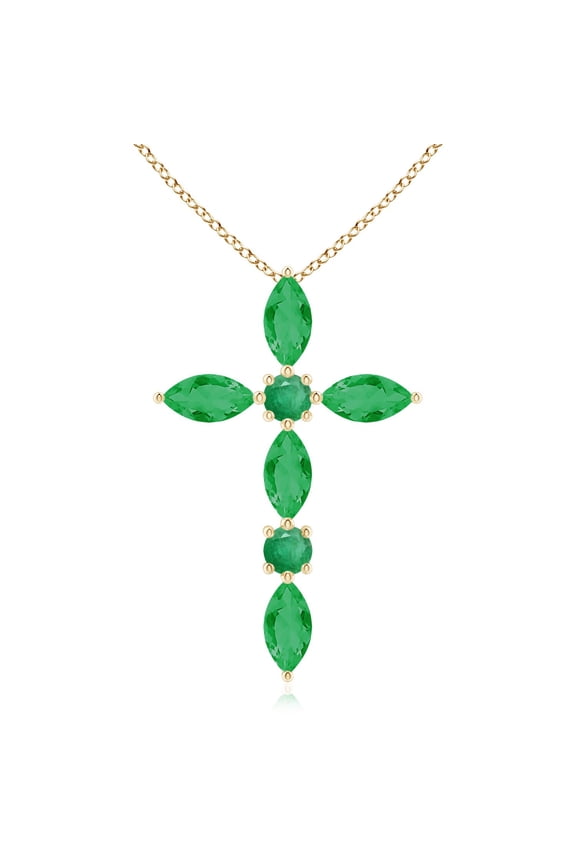 Natural Marquise and Round Emerald Cross Pendant in 14K Yellow Gold for Women (Size-5x2.5mm) | May Birthstone, Birthday, Anniversary, Jewelry Gift for Women | Natural Emerald Necklace