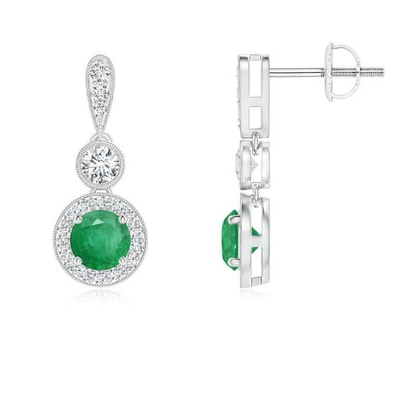 ANGARA Natural Milgrain-Edged Emerald and Diamond Halo Dangle Earrings in 14K White Gold for Women (Size-4mm) | May Birthstone, Anniversary, Jewelry Gift for Women | Natural Emerald Earrings