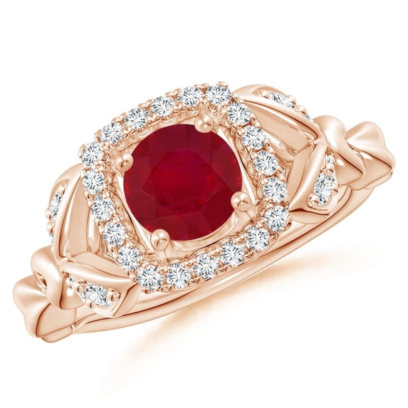 ANGARA Natural Nature Inspired 1 ct Ruby Halo Ring with Leaf Motifs in 14K Rose Gold for Women (Size-6mm) | July Birthstone, Birthday, Anniversary, Jewelry Gift for Women | Natural Ruby Ring