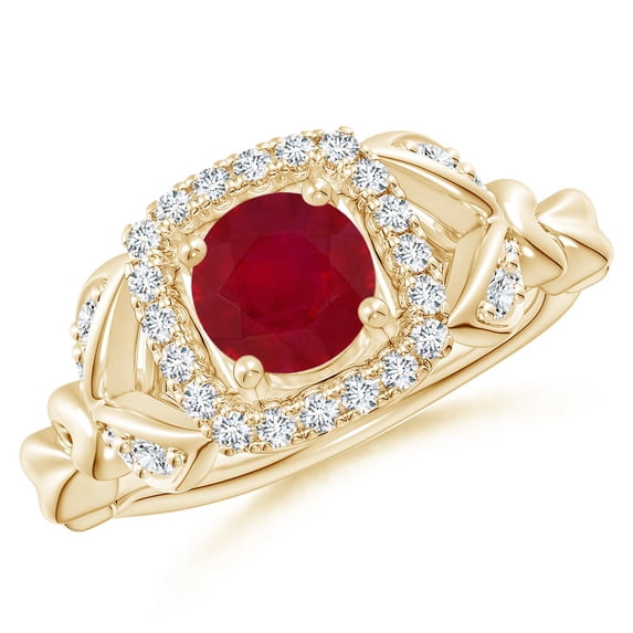 ANGARA Natural Nature Inspired 1 ct Ruby Halo Ring with Leaf Motifs in 14K Yellow Gold for Women (Size-6mm) | July Birthstone, Birthday, Anniversary, Jewelry Gift for Women | Natural Ruby Ring