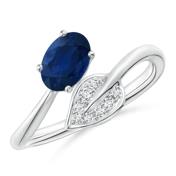 ANGARA Natural Nature Inspired Blue Sapphire Bypass Ring with Diamond Leaf in 14K White Gold for Women (Size-7x5mm) | September Birthstone, Anniversary, Jewelry Gift for Women | Natural Sapphire Ring