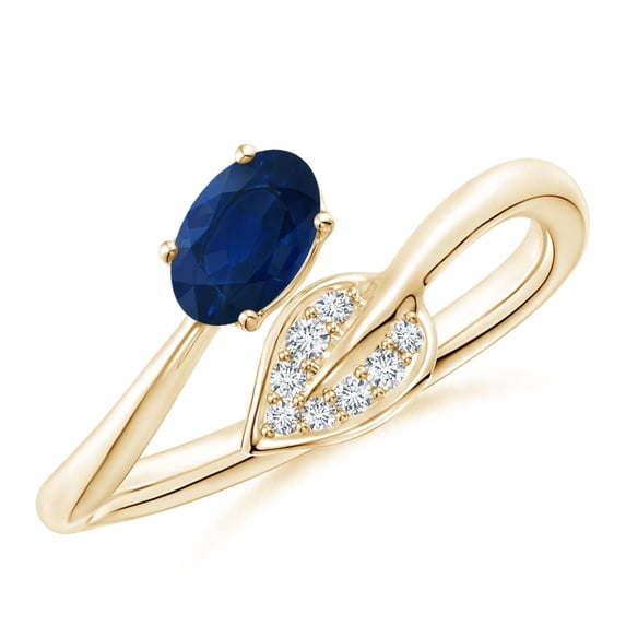 ANGARA Natural Nature Inspired Blue Sapphire Bypass Ring with Diamond Leaf in 14K Yellow Gold for Women (Size-6x4mm) | September Birthstone, Anniversary Jewelry Gift for Women | Natural Sapphire Ring