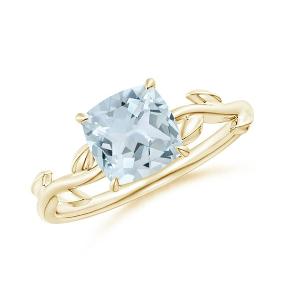 ANGARA Natural Nature Inspired Cushion 1.4 ct Aquamarine Ring in 14K Yellow Gold for Women (Size-7mm) | March Birthstone, Birthday, Anniversary, Jewelry Gift for Women | Natural Aquamarine Ring