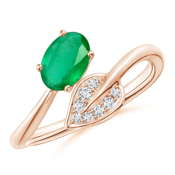 ANGARA Natural Nature Inspired Emerald Bypass Ring with Diamond Leaf in 14K Rose Gold for Women (Size-7x5mm) | May Birthstone, Birthday, Anniversary, Jewelry Gift for Women | Natural Emerald Ring