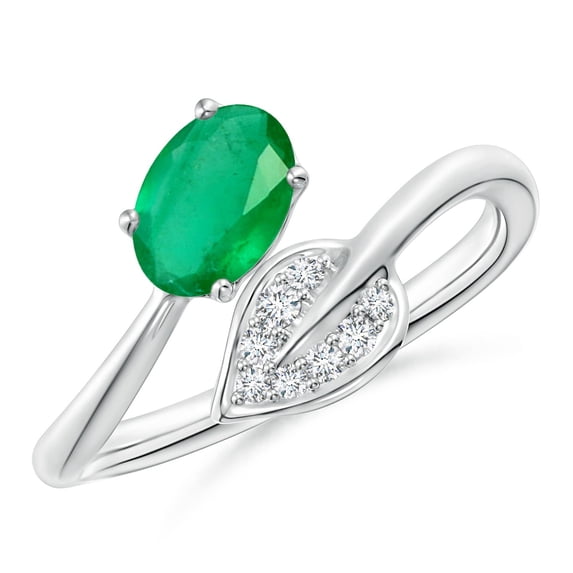 ANGARA Natural Nature Inspired Emerald Bypass Ring with Diamond Leaf in 14K White Gold for Women (Size-7x5mm) | May Birthstone, Birthday, Anniversary, Jewelry Gift for Women | Natural Emerald Ring