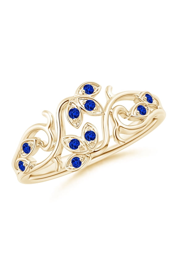 Natural Nature Inspired Pave-Set Sapphire Leaf and Vine Ring in 14K Yellow Gold for Women (Size-1.3mm) | September Birthstone, Anniversary, Jewelry Gift for Women | Natural Blue Sapphire Ring