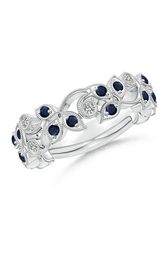 Natural Nature Inspired Round Blue Sapphire & Diamond Vine Ring in 14K White Gold for Women (Size-1.8mm) | September Birthstone, Anniversary, Jewelry Gift for Women | Natural Sapphire Ring