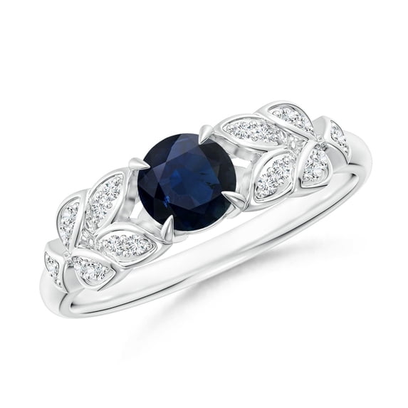 ANGARA Natural Nature Inspired Round Blue Sapphire Leaf Shank Ring in 14K White Gold for Women (Size-5mm) | September Birthstone, Anniversary, Jewelry Gift for Women | Natural Blue Sapphire Ring
