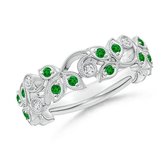 ANGARA Natural Nature Inspired Round Emerald & Diamond Vine Ring in 14K White Gold for Women (Size-1.3mm) | May Birthstone, Birthday, Anniversary, Jewelry Gift for Women | Natural Emerald Ring