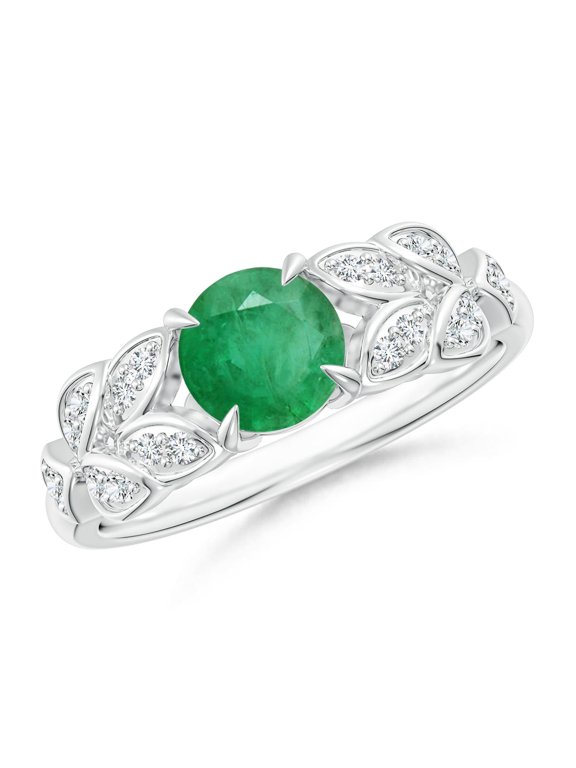 Natural Nature Inspired Round Emerald Leaf Shank Ring in 14K White Gold for Women (Size-6mm) | May Birthstone, Birthday, Anniversary, Jewelry Gift for Women | Natural Emerald Ring