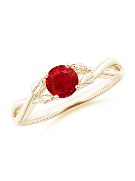 Natural Nature Inspired Ruby Crossover Engagement Ring with Leaf Motifs in 14K Yellow Gold for Women (Size-5mm) | July Birthstone, Anniversary, Jewelry Gift for Women | Natural Ruby Ring