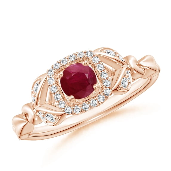 ANGARA Natural Nature Inspired Ruby Halo Ring with Leaf Motifs in 14K Rose Gold for Women (Size-4mm) | July Birthstone, Birthday, Anniversary, Jewelry Gift for Women | Natural Ruby Ring