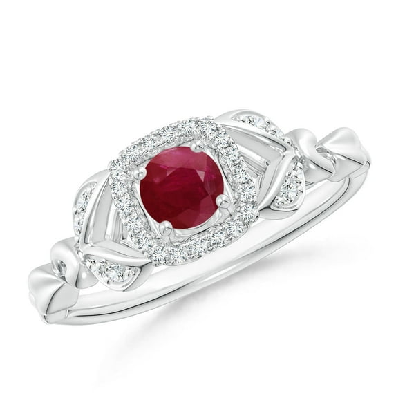 ANGARA Natural Nature Inspired Ruby Halo Ring with Leaf Motifs in 14K White Gold for Women (Size-4mm) | July Birthstone, Birthday, Anniversary, Jewelry Gift for Women | Natural Ruby Ring
