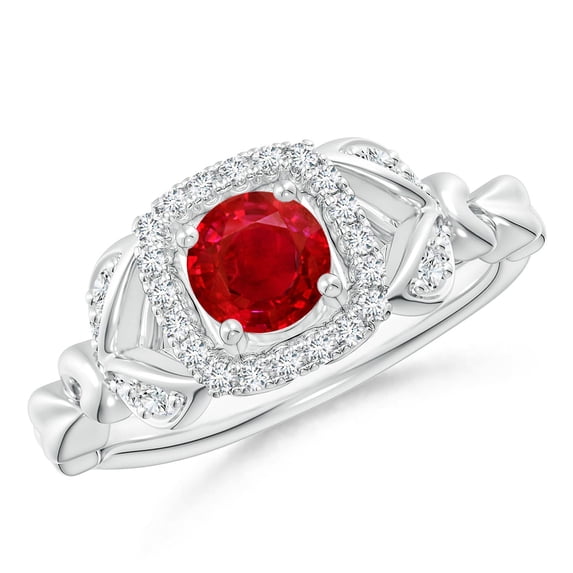 ANGARA Natural Nature Inspired Ruby Halo Ring with Leaf Motifs in 14K White Gold for Women (Size-5mm) | July Birthstone, Birthday, Anniversary, Jewelry Gift for Women | Natural Ruby Ring