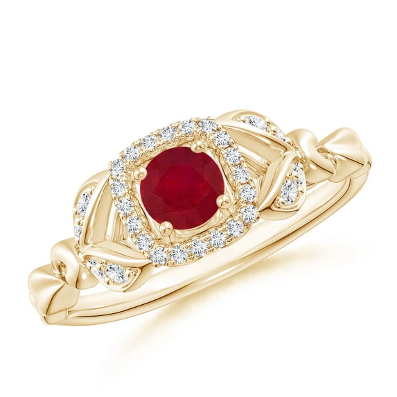 ANGARA Natural Nature Inspired Ruby Halo Ring with Leaf Motifs in 14K Yellow Gold for Women (Size-4mm) | July Birthstone, Birthday, Anniversary, Jewelry Gift for Women | Natural Ruby Ring