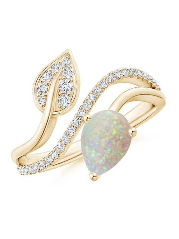 Natural Opal and Diamond Bypass Ring with Leaf Motif in 14K Yellow Gold for Women (Size-8x6mm) | October Birthstone, Birthday, Anniversary, Jewelry Gift for Women | Natural Opal Ring